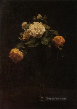 印象派の花 Painting - 背の高い花瓶に入った白と黄色のバラ 花画家 アンリ・ファンタン・ラトゥール